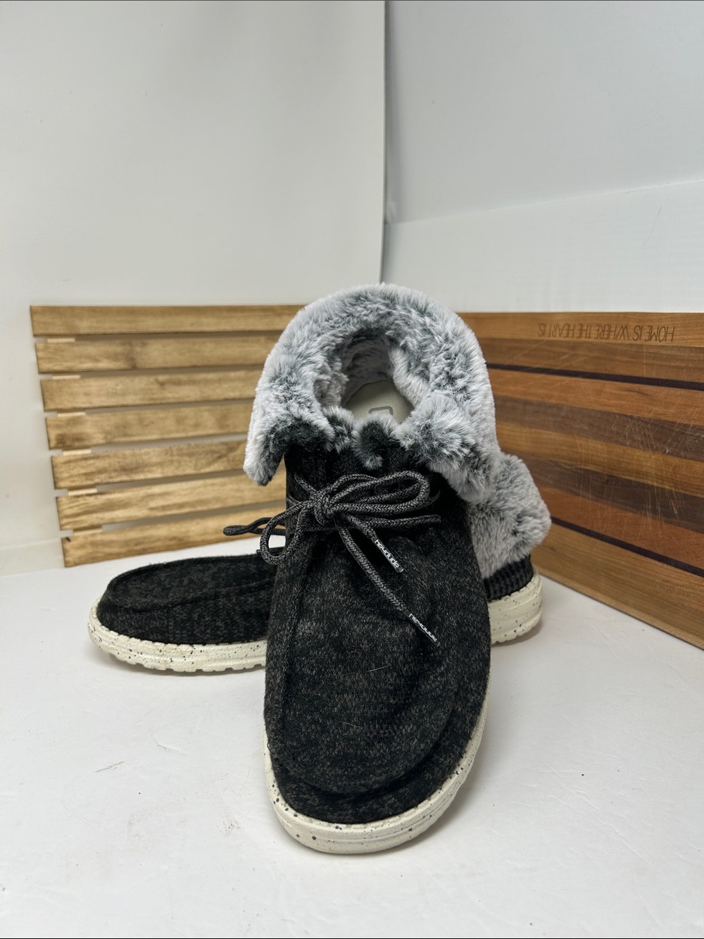 Hey Dude Black Lace-Up Faux-Fur Cuffed Boots